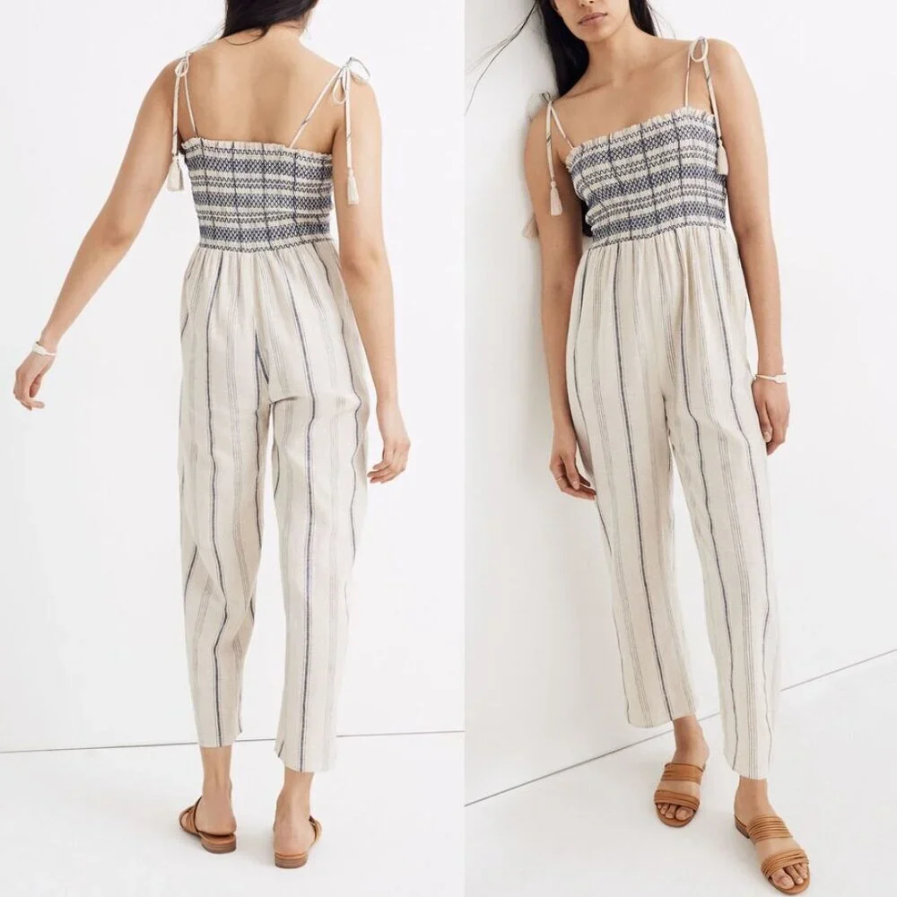 Madewell Striped Smocked Cami Jumpsuit S Cotton Linen Blend Tassel Strap Tie$138
